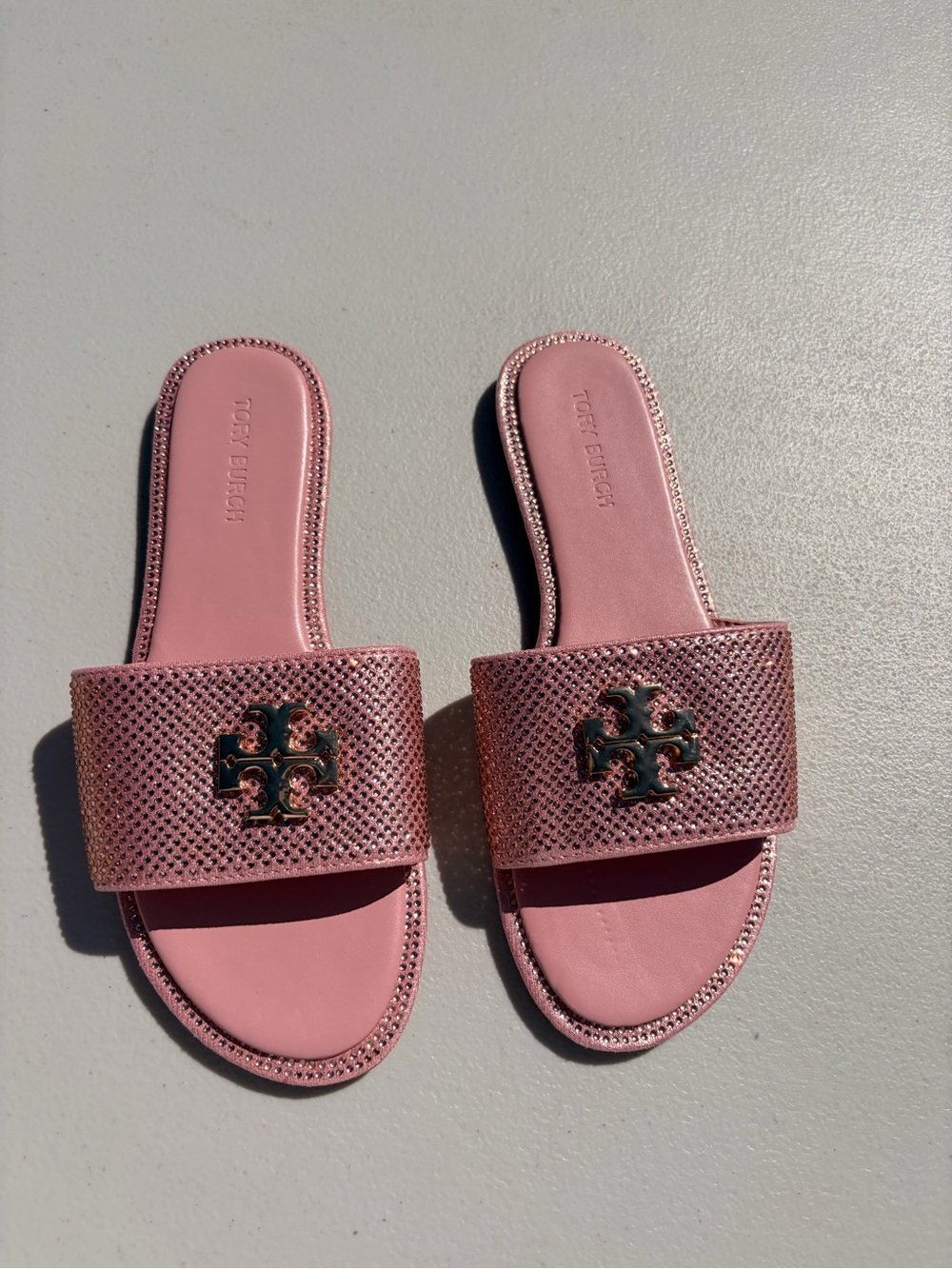 Tory Burch Rose Pink Logo Slide Sandals with Sparkle Strap - Picture 1 of 4